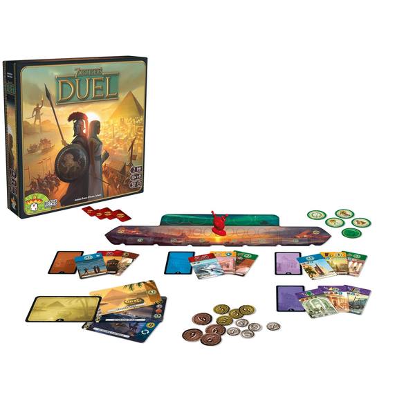 7 Wonders Duel box, board, wonder cards, age cards, tokens and coins