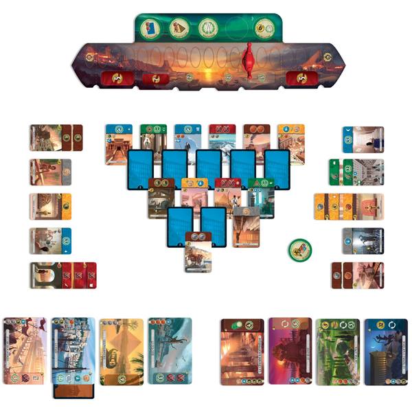 The complete 7 Wonders Duel card layout, military track and wonders