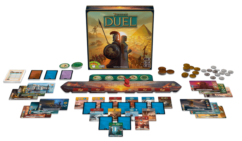 7 Wonders Duel box, military track, cards, wonders, coins and tokens