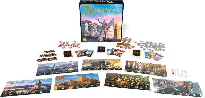 7 Wonders box, wonder boards, cards, coins and tokens arranged together