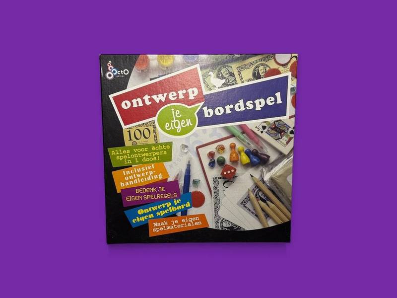 Ontwerp je eigen bordspel photographed on Bruno's purple Applied Games background