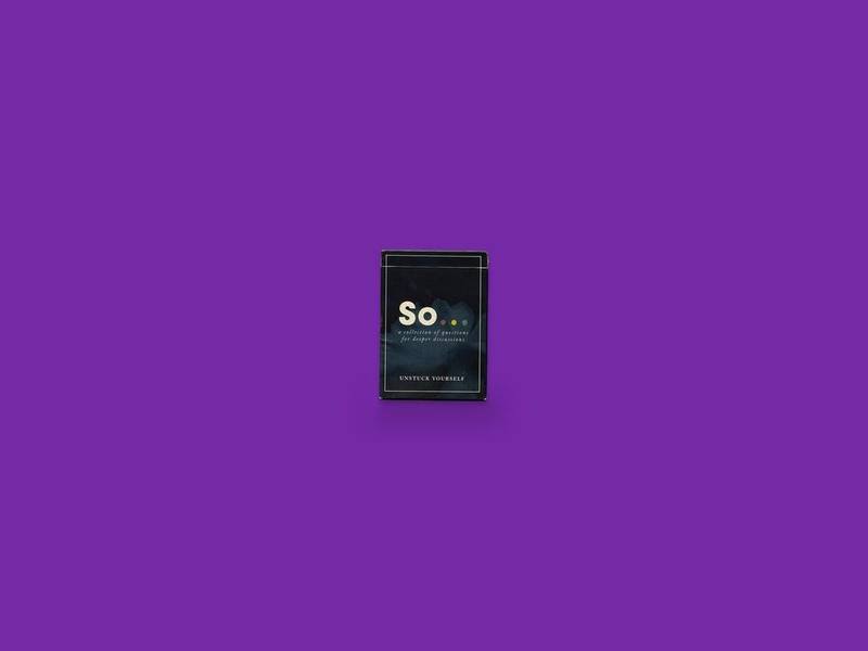SO… conversation cards photographed on Bruno's purple Applied Games background