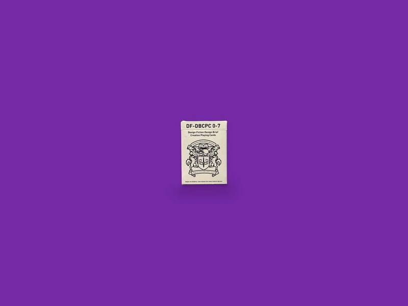 Design Fiction Design Brief Creation Playing Cards (DF-DBCPC 0-7) photographed on Bruno's purple Applied Games background